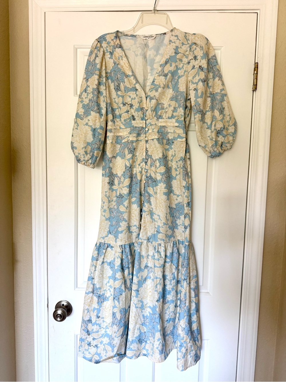 Blue Floral Quarter Sleeve Midi Dress